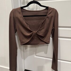 Brown Ribbed Long Sleeve Crop Top